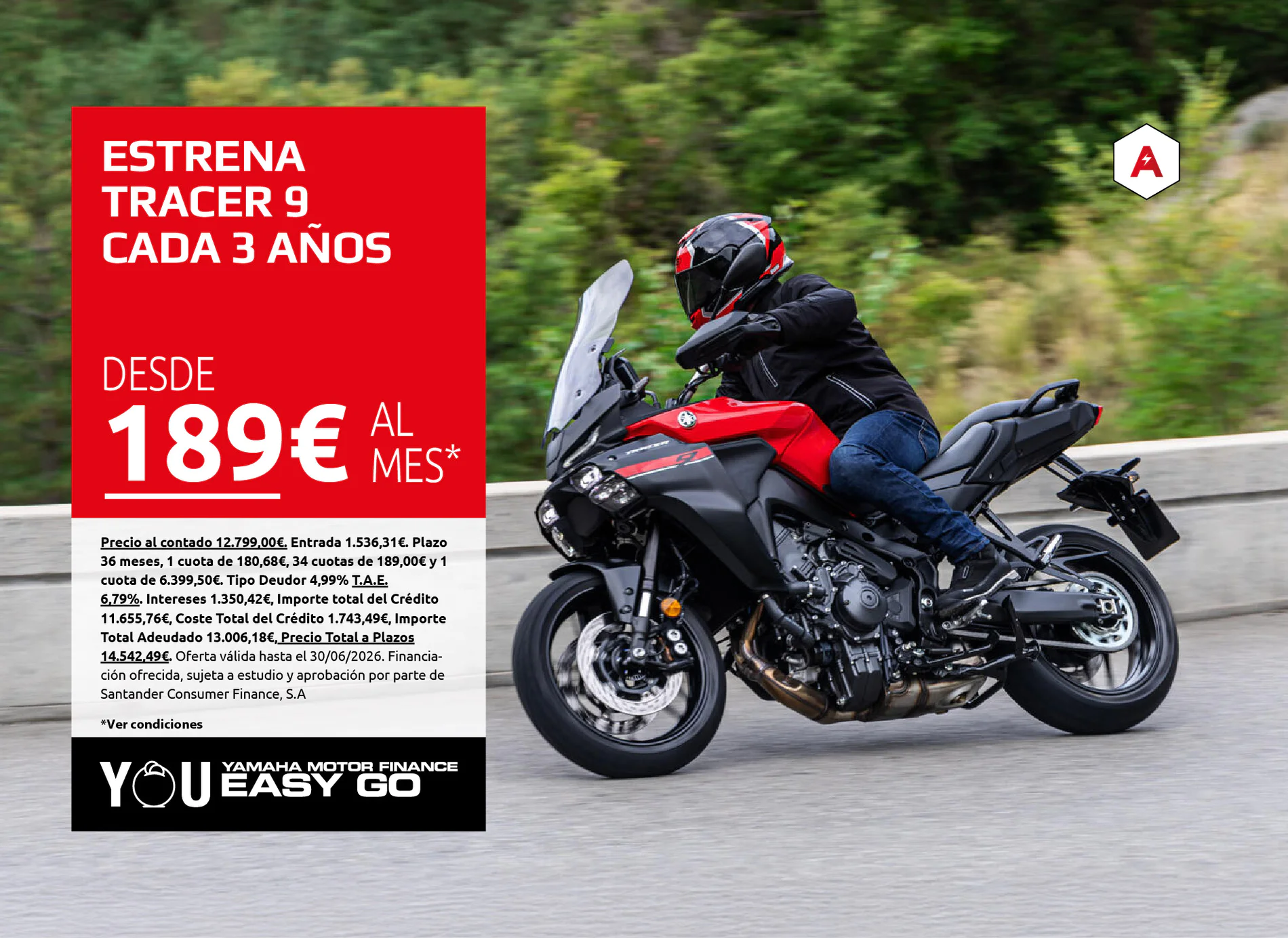Red promotional panel advertising the Yamaha Tracer 9 financing offer: from 189€ per month, with a motorcyclist on a red bike on the right and the Yamaha logo nearby.