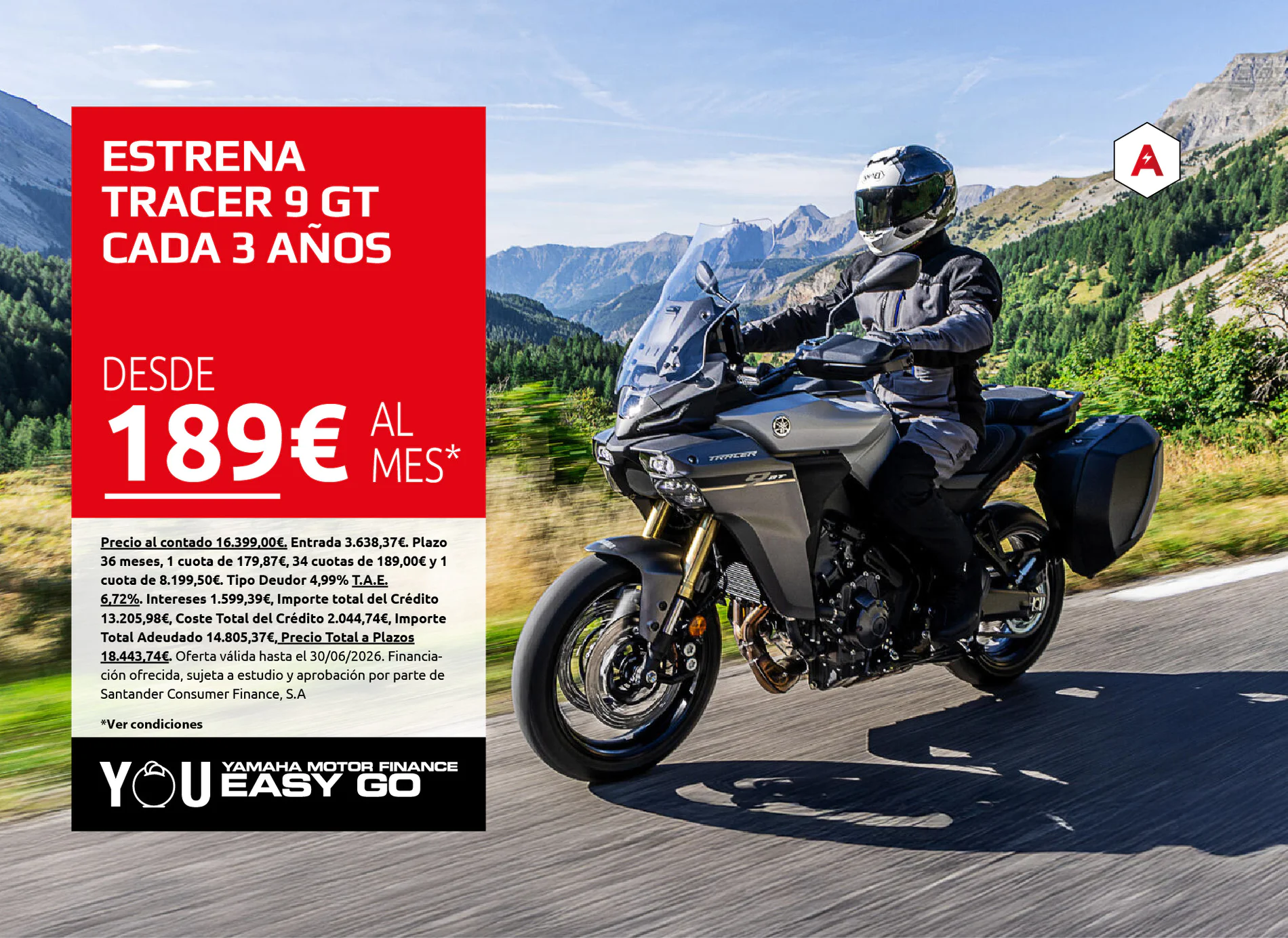 Motorcycle rider on a Yamaha bike on a mountain road with a red promotional banner on the left side showing a monthly payment offer.