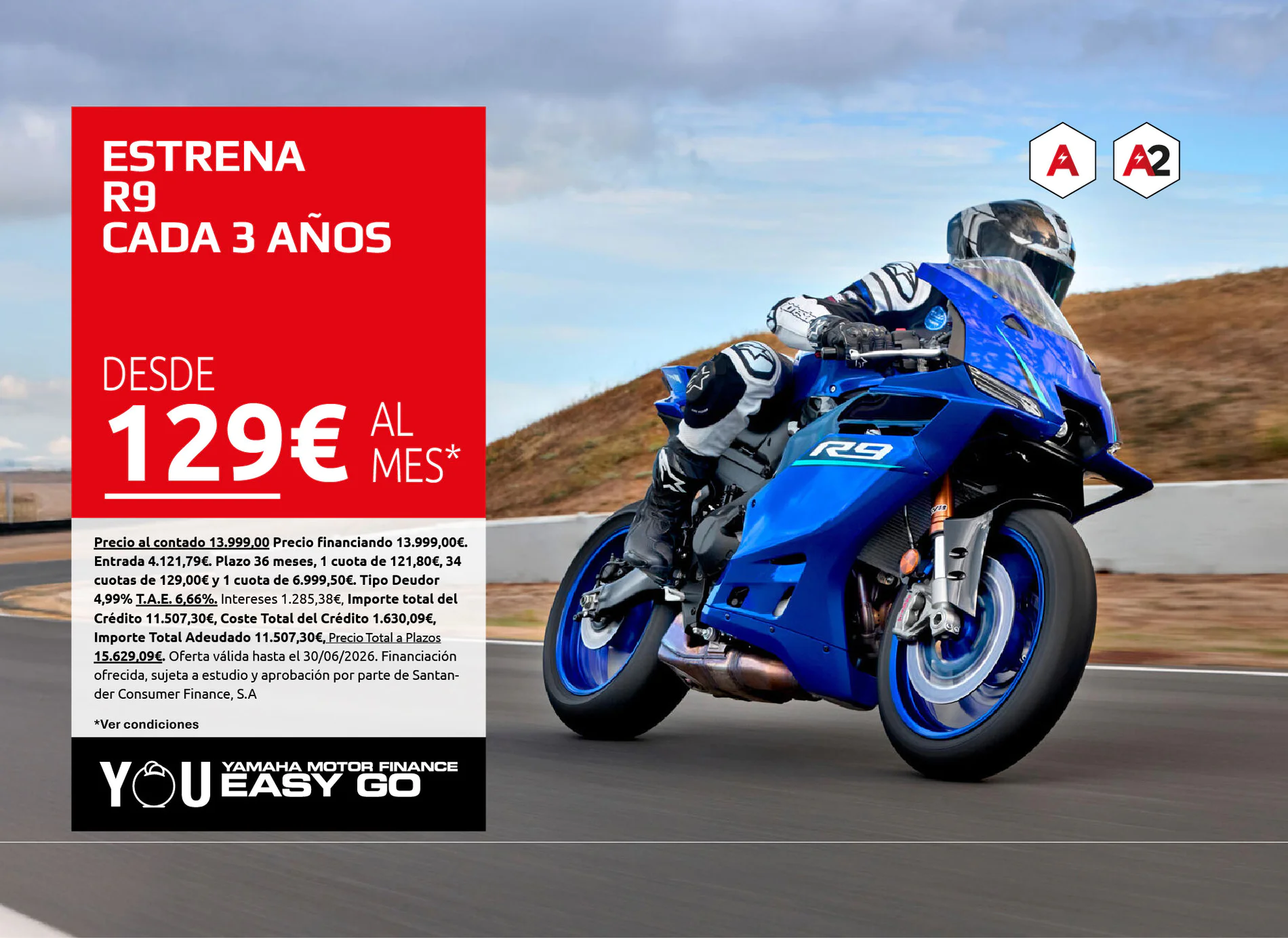 Blue sport motorcycle racing on a track with a large red promotional panel on the left advertising prices from 129€ per month for Leasings or financing options.