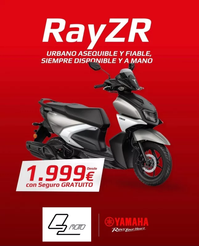Promotional poster featuring a Yamaha scooter (RayZR) on a bold red background with white text and a price tag: '1.999€ Desde con Seguro GRATUITO'